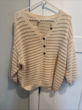 a.n.a Cream Open-Knit V-Neck Button Pullover